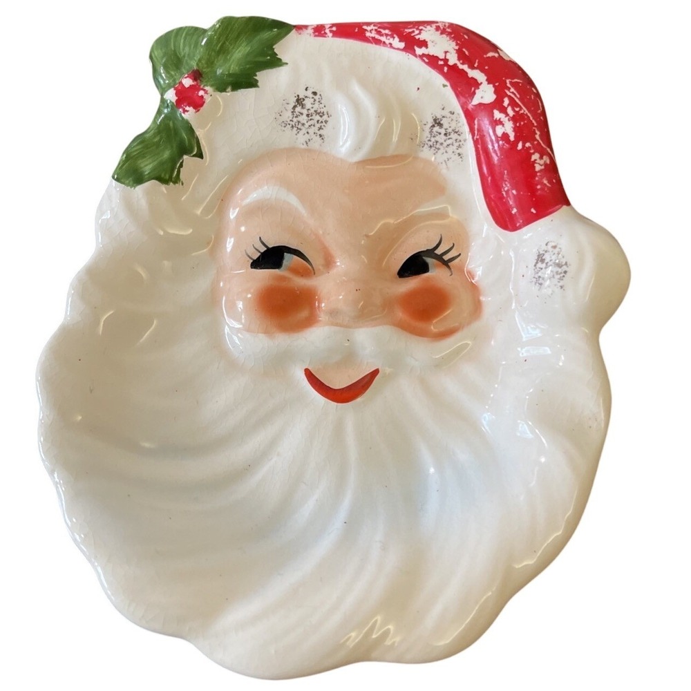 Vtg Christmas Santa Claus Face Wall Hanging Spoon Rest Candy Plate Brinn's Dish
